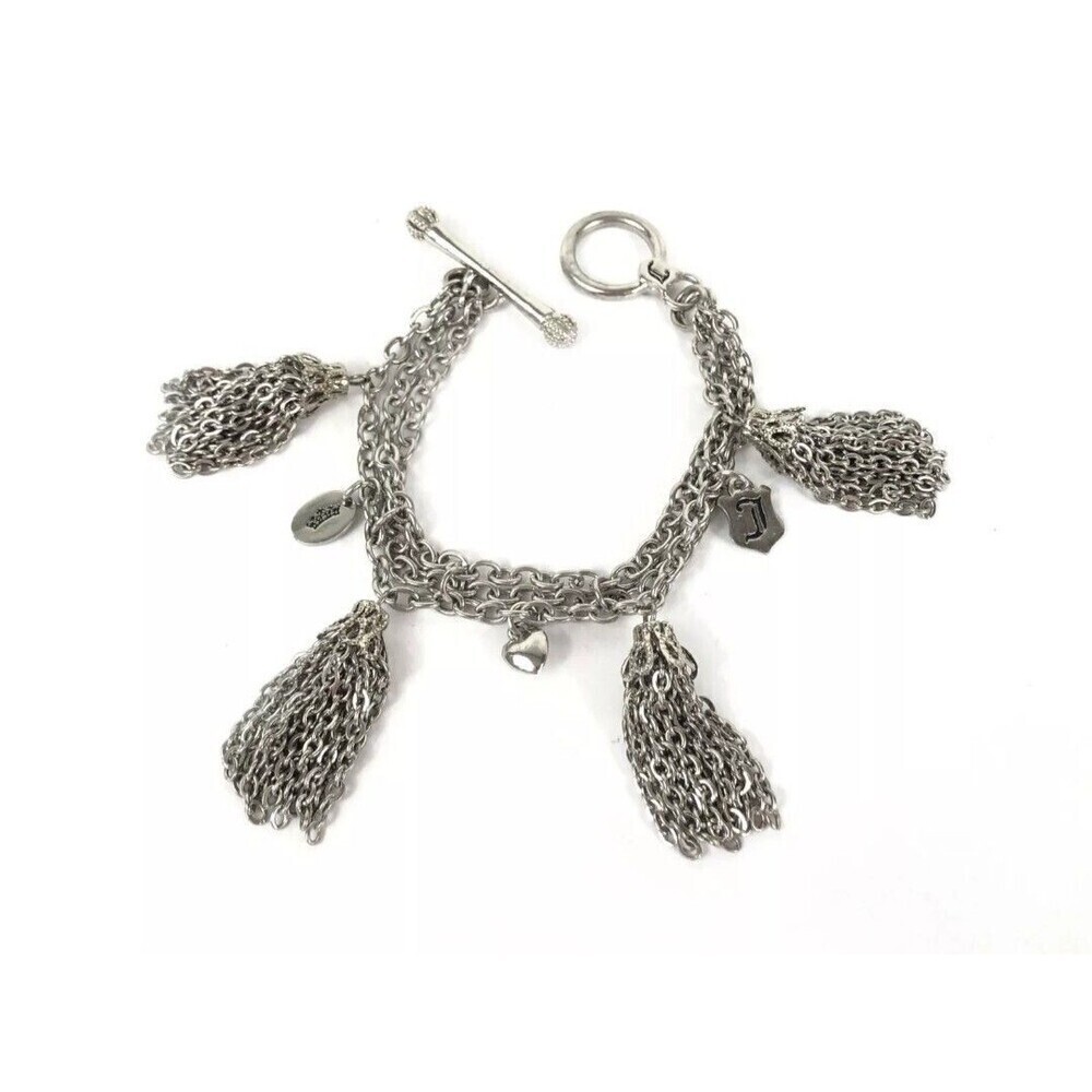 Juicy Couture Designer Silver Tone Tassel Fringe Bracelet Y2K Charms Logo 7.75"
